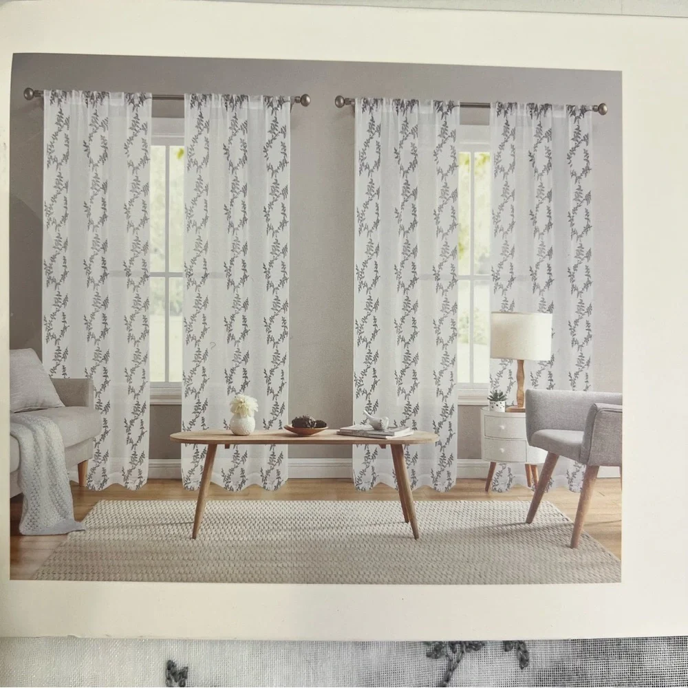 4 Laura Ashley Embroidered Floral Vines Sheer Curtains 38x84” New